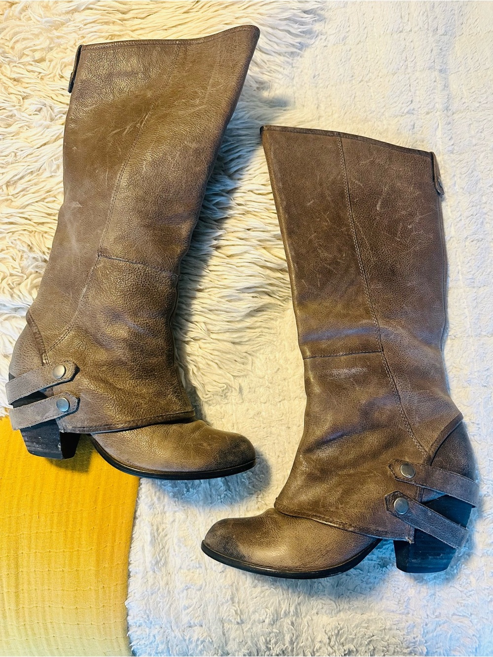 Fergie Taupe Grey Brown Mid-Calf Harness Heeled Boots